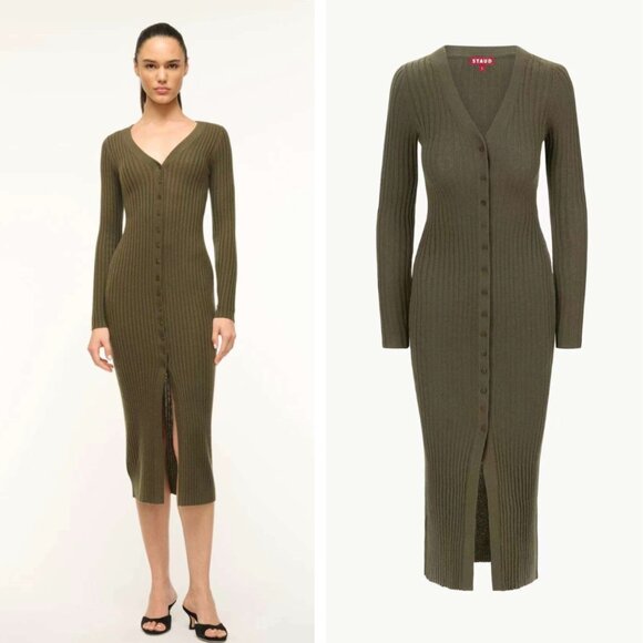NWT STAUD Shoko Cashmere Knit Sweater Midi Dress XSmall/Medium Dark Olive - Picture 2 of 8